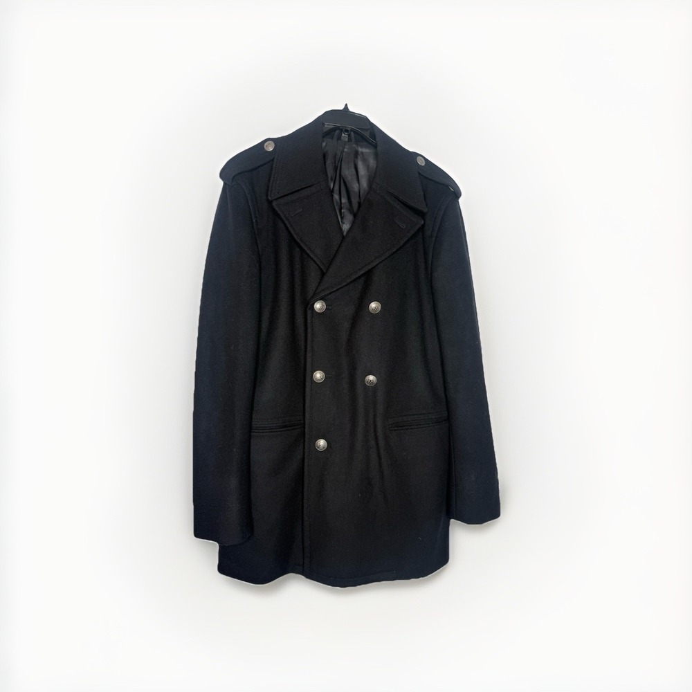 Club Monaco Men's L Wool Blend Black Classic Double-breasted Pea Coat Quiet Lux